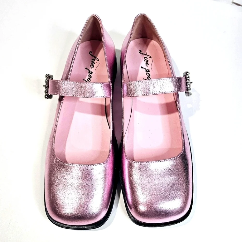 Free People Rumor Diamante Mary Janes Flats Pink Faux Leather - Picture 1 of 10